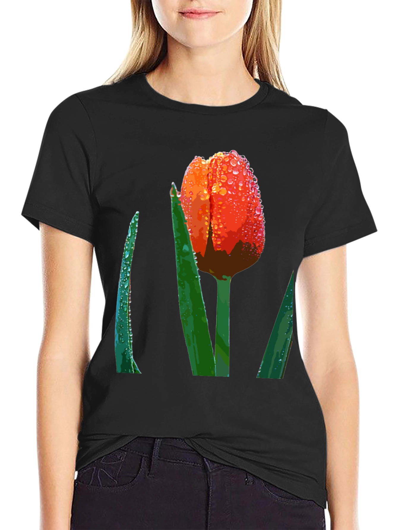 Black Tulip Dewdrop Graphic Tee - Unique Floral Design view 2
