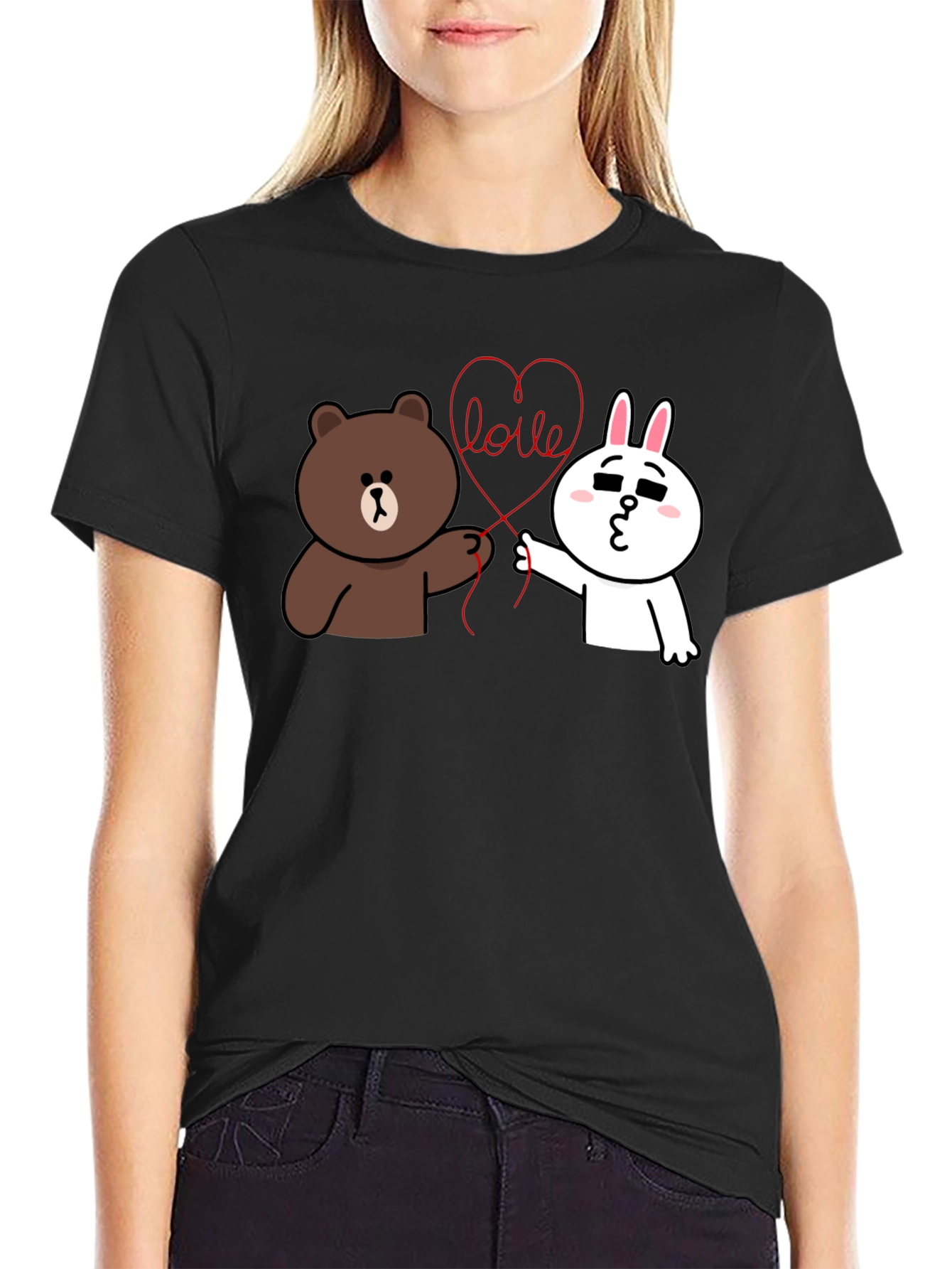 Black Cute Cartoon Love Graphic Black T-Shirt view 2