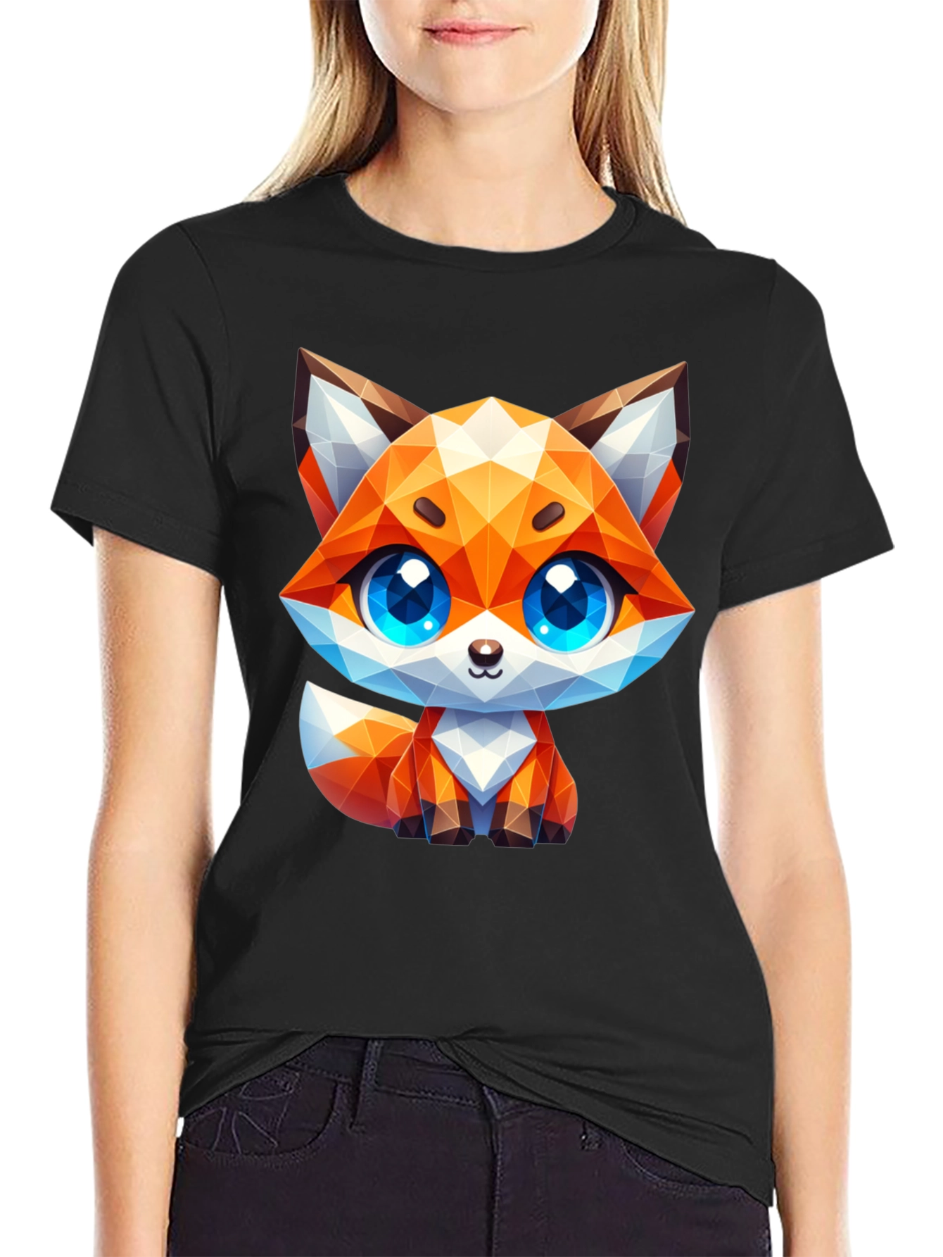 Black Geometric Fox Graphic Tee - Stylish Animal Print Shirt view 2