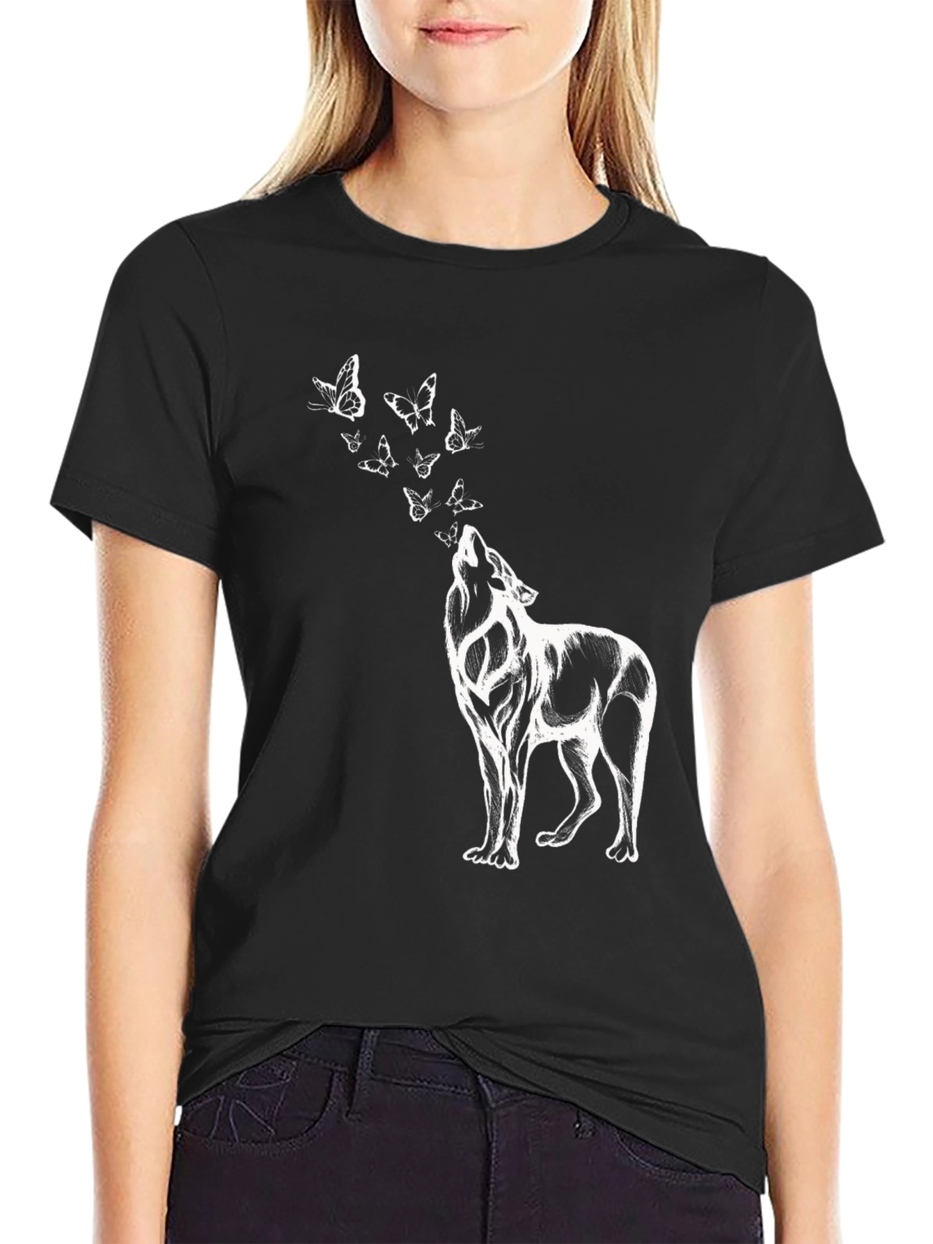 Black Wolf & Butterfly Graphic T-Shirt - Black view 2