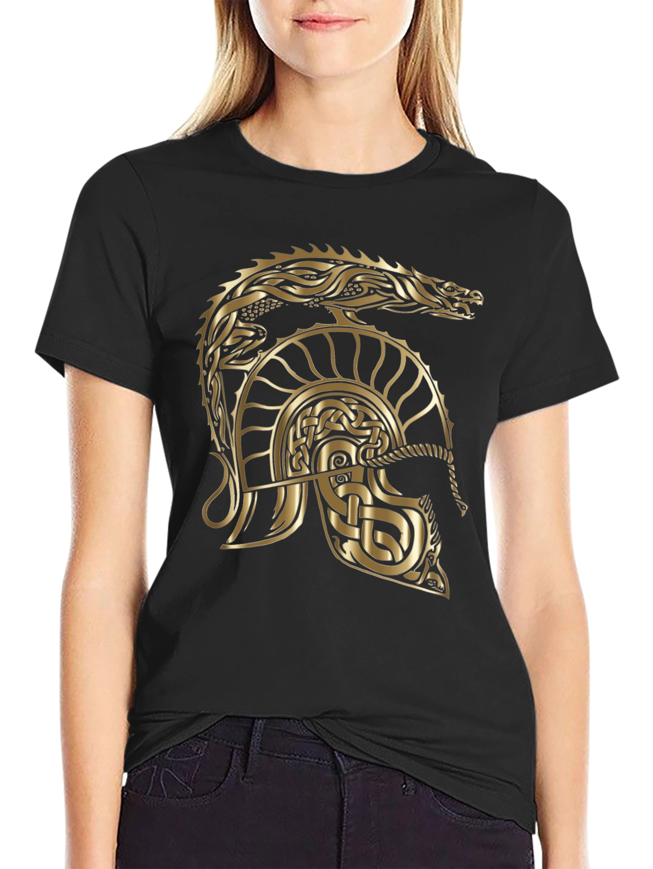 Black Viking Helmet Dragon Graphic T-Shirt view 2