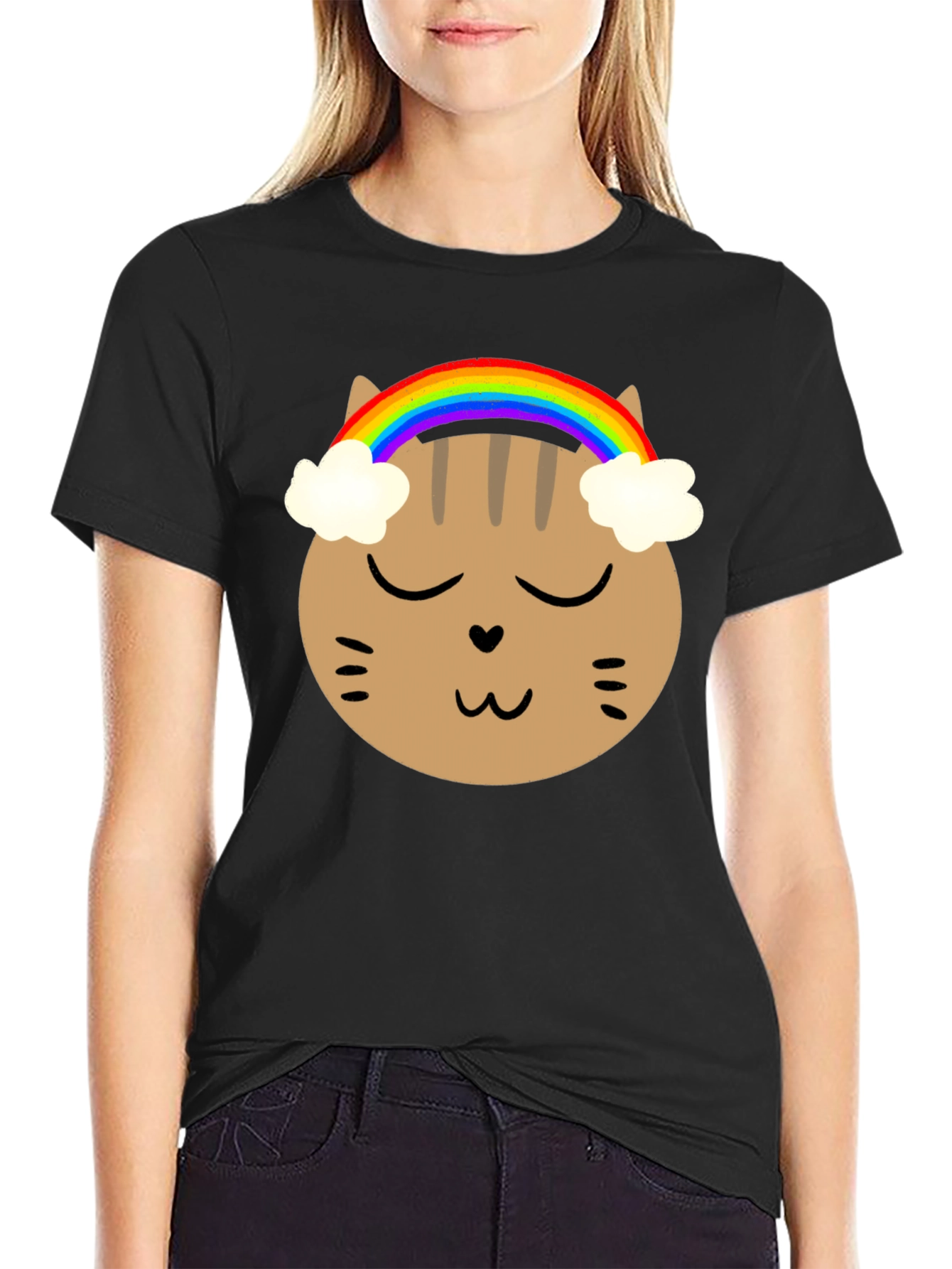 Black Rainbow Cat Graphic Tee - Soft Cotton Blend view 2