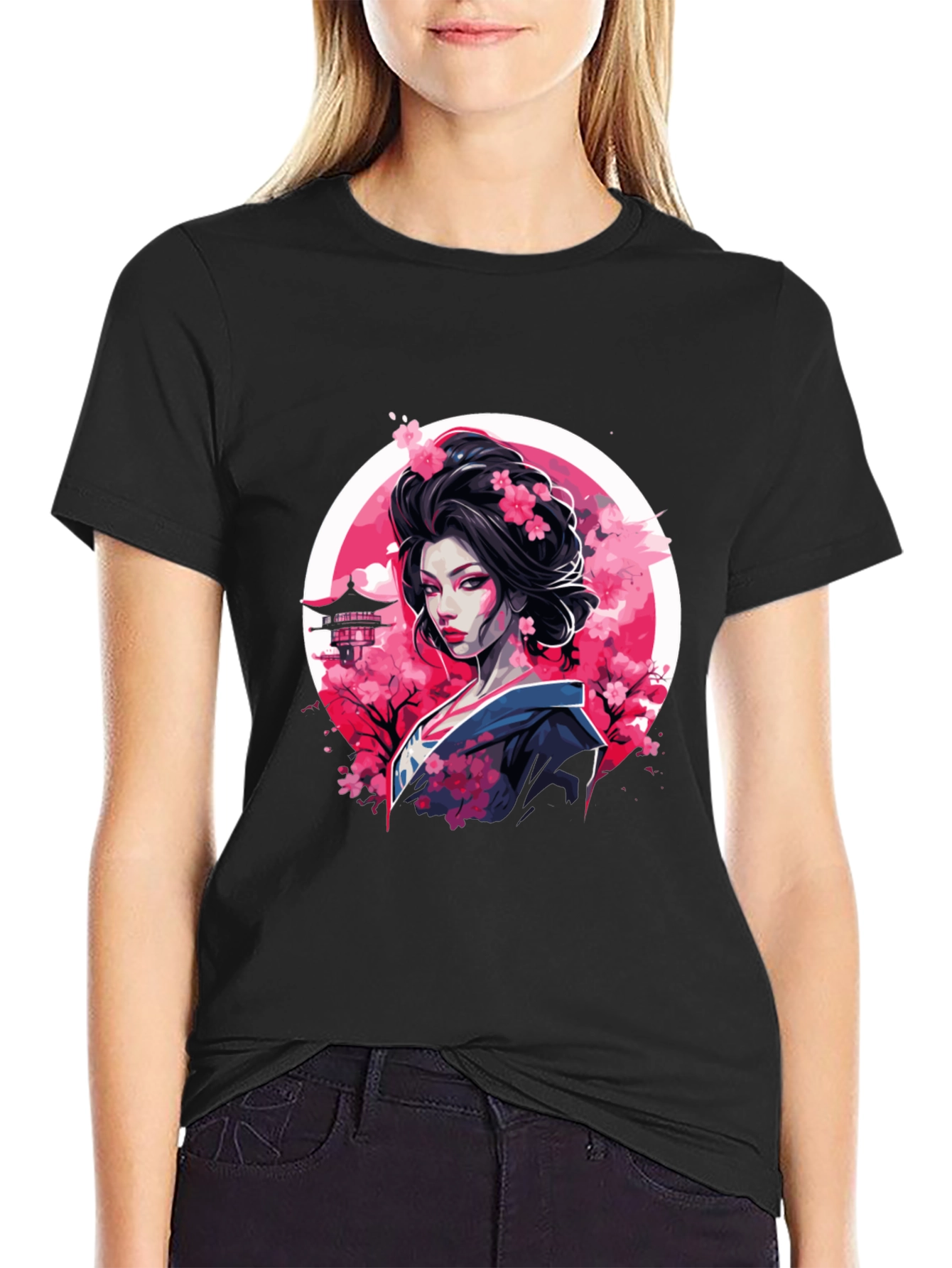 Black Geisha Cherry Blossom Black T-Shirt view 2