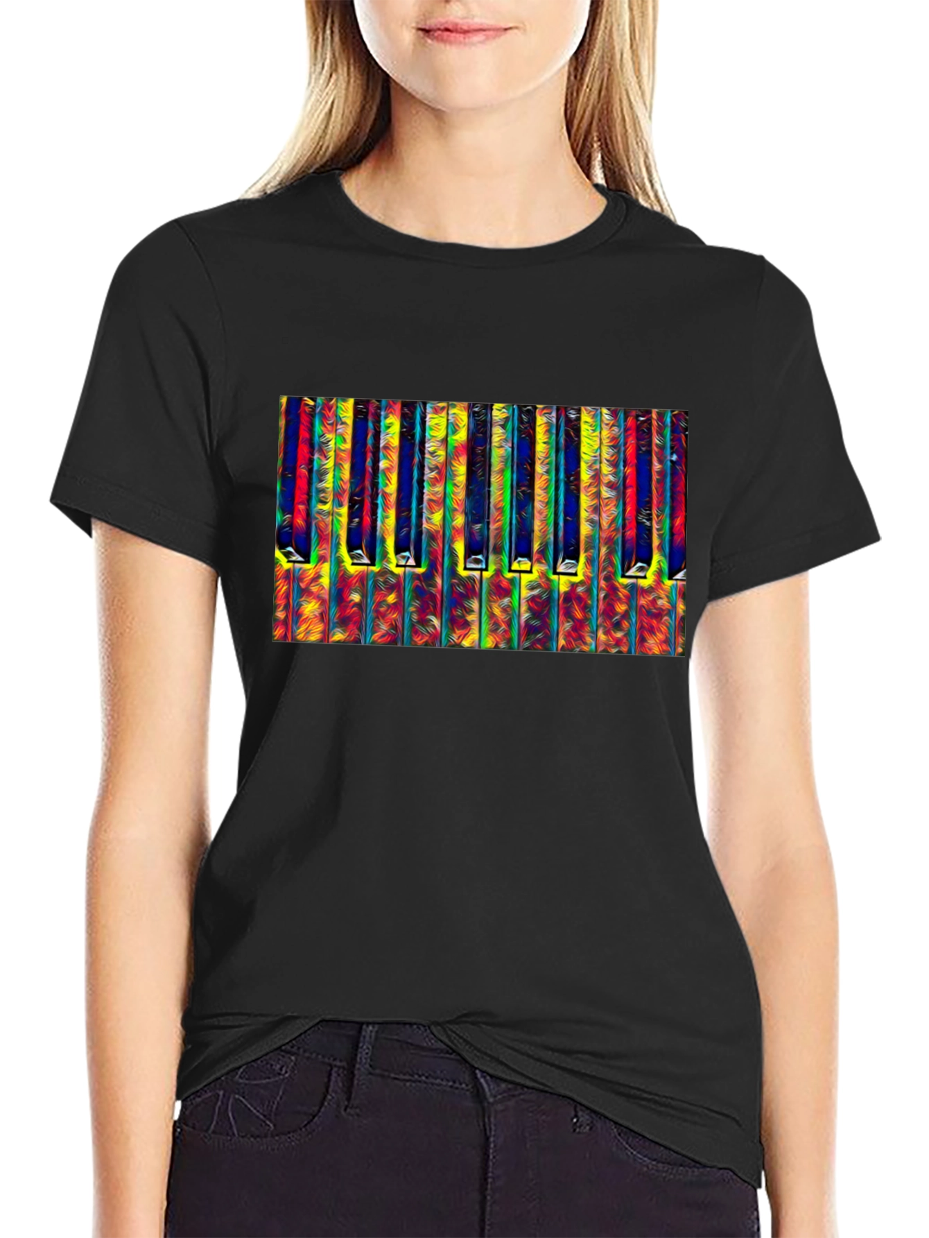 Black Abstract Piano Keys Graphic Tee - Black Cotton T-Shirt view 2