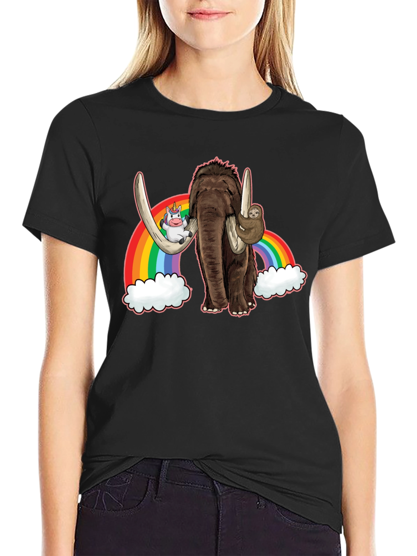 Black Mammoth, Unicorn, Sloth Rainbow Graphic Tee view 2