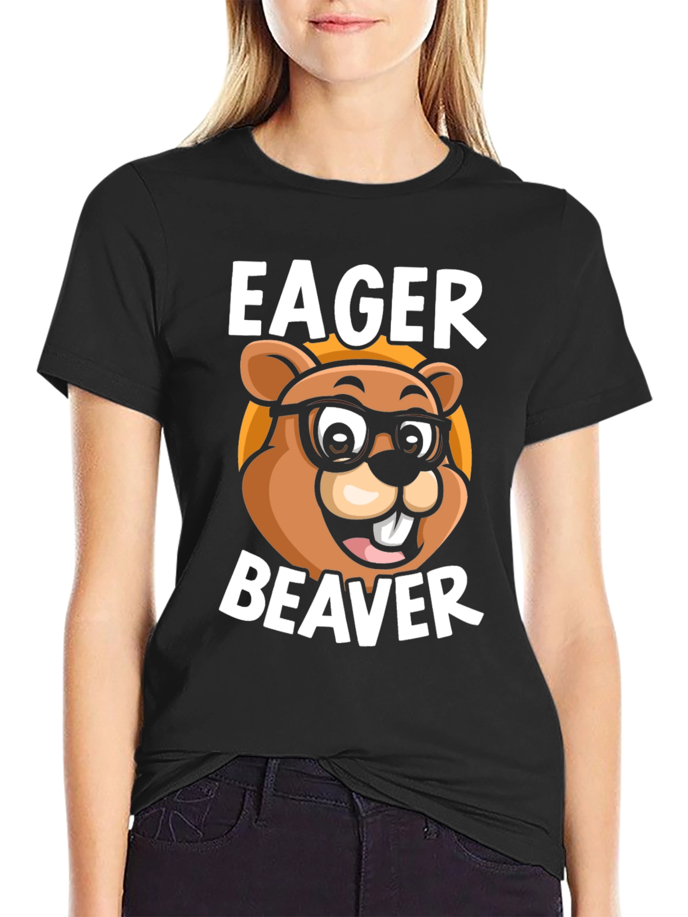 Black Eager Beaver Cartoon Graphic T-Shirt view 2