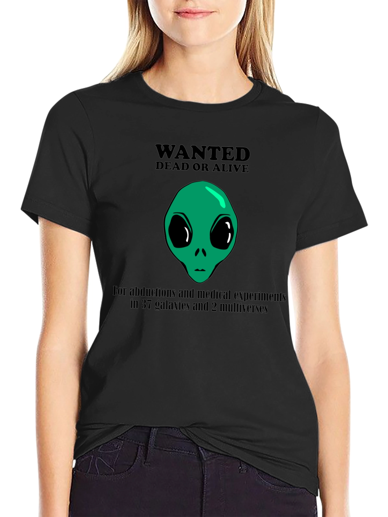 Black Wanted Alien T-Shirt: Dead or Alive Funny Graphic Tee view 2