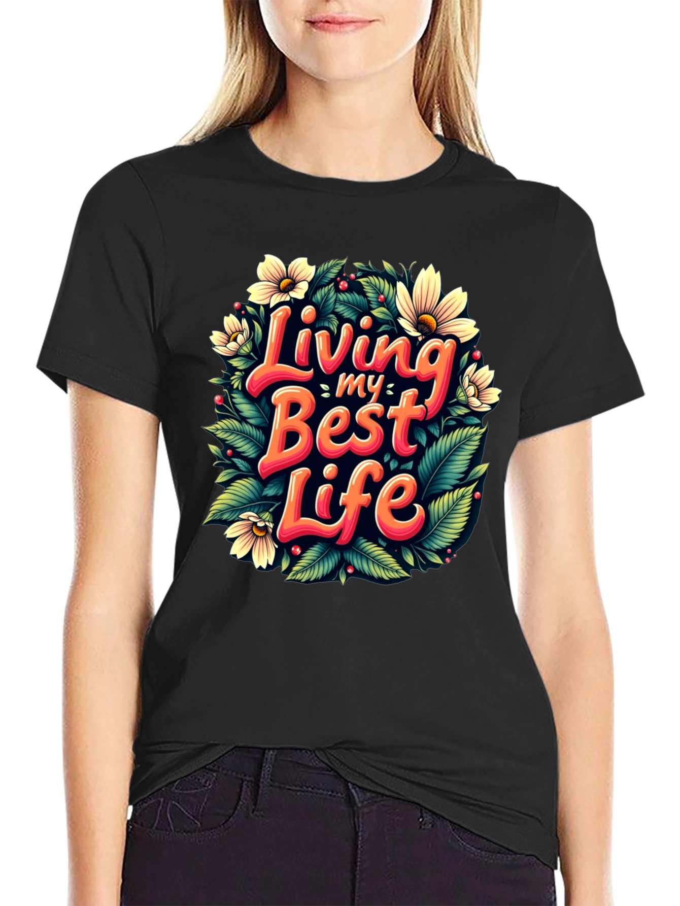 Black Living My Best Life T-Shirt - Floral Design view 2