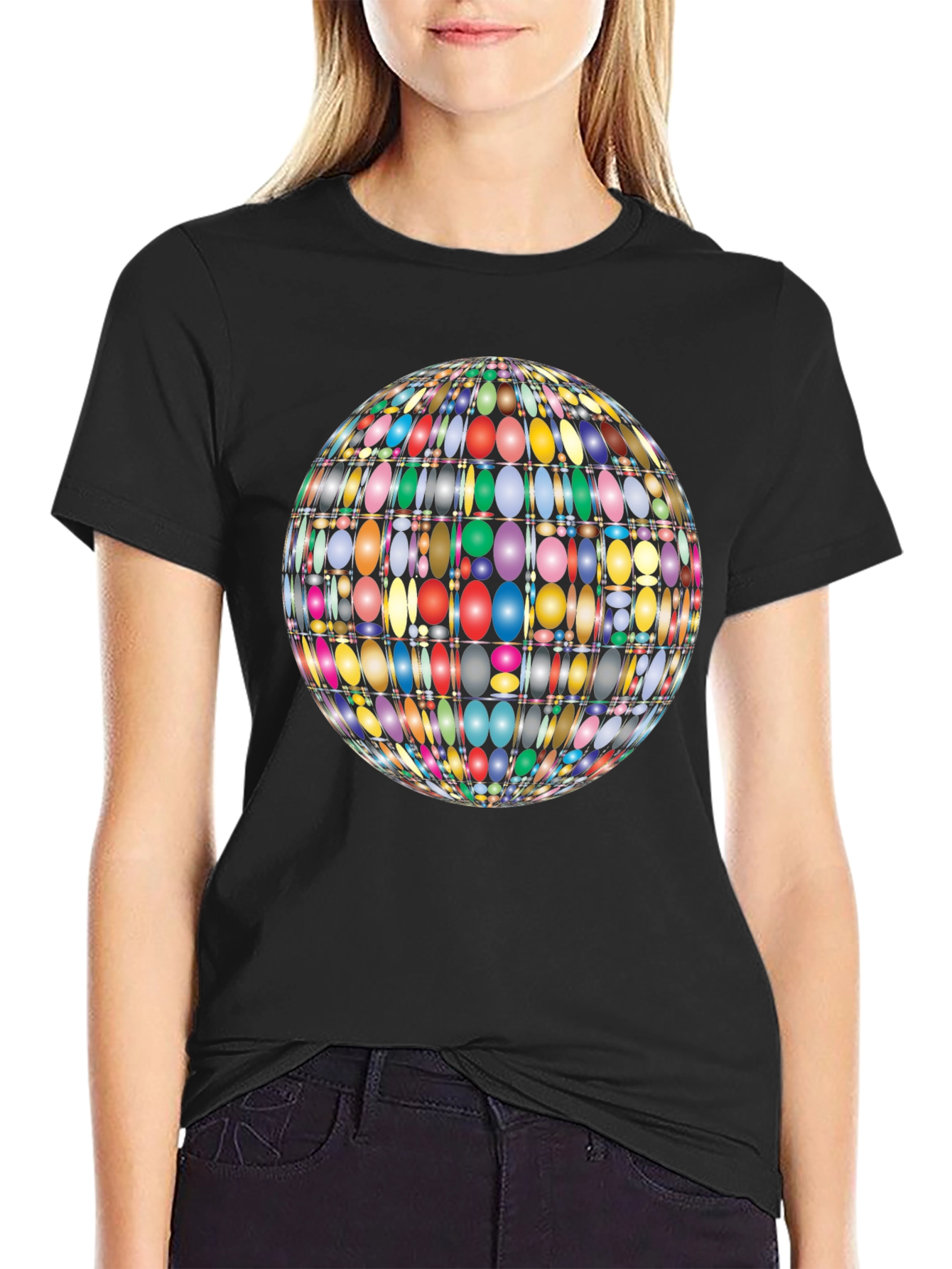 Black Colorful Oval Pattern Globe Men's Black T-Shirt view 2