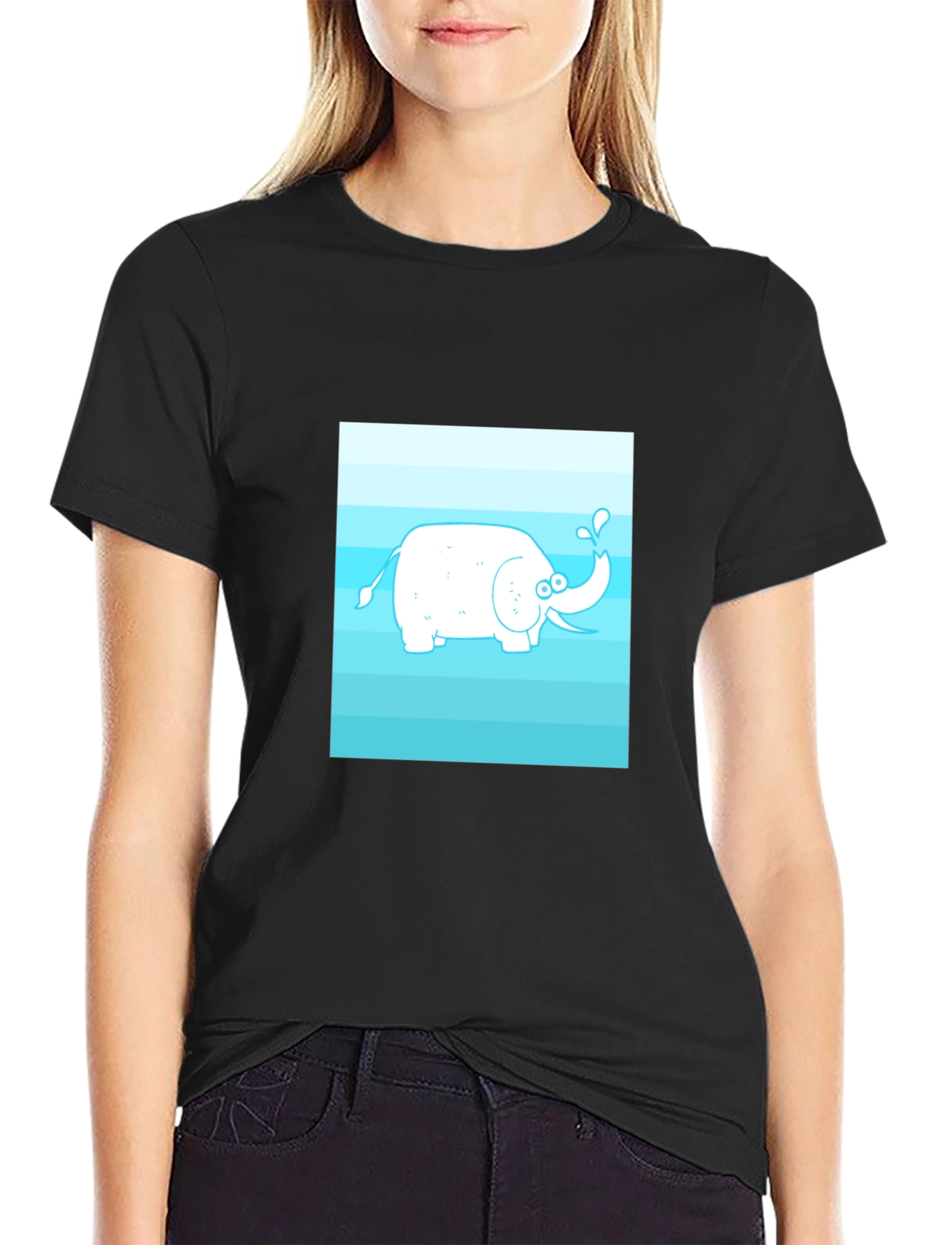 Black Cartoon Elephant Graphic Tee - Black Cotton Casual Shirt view 2