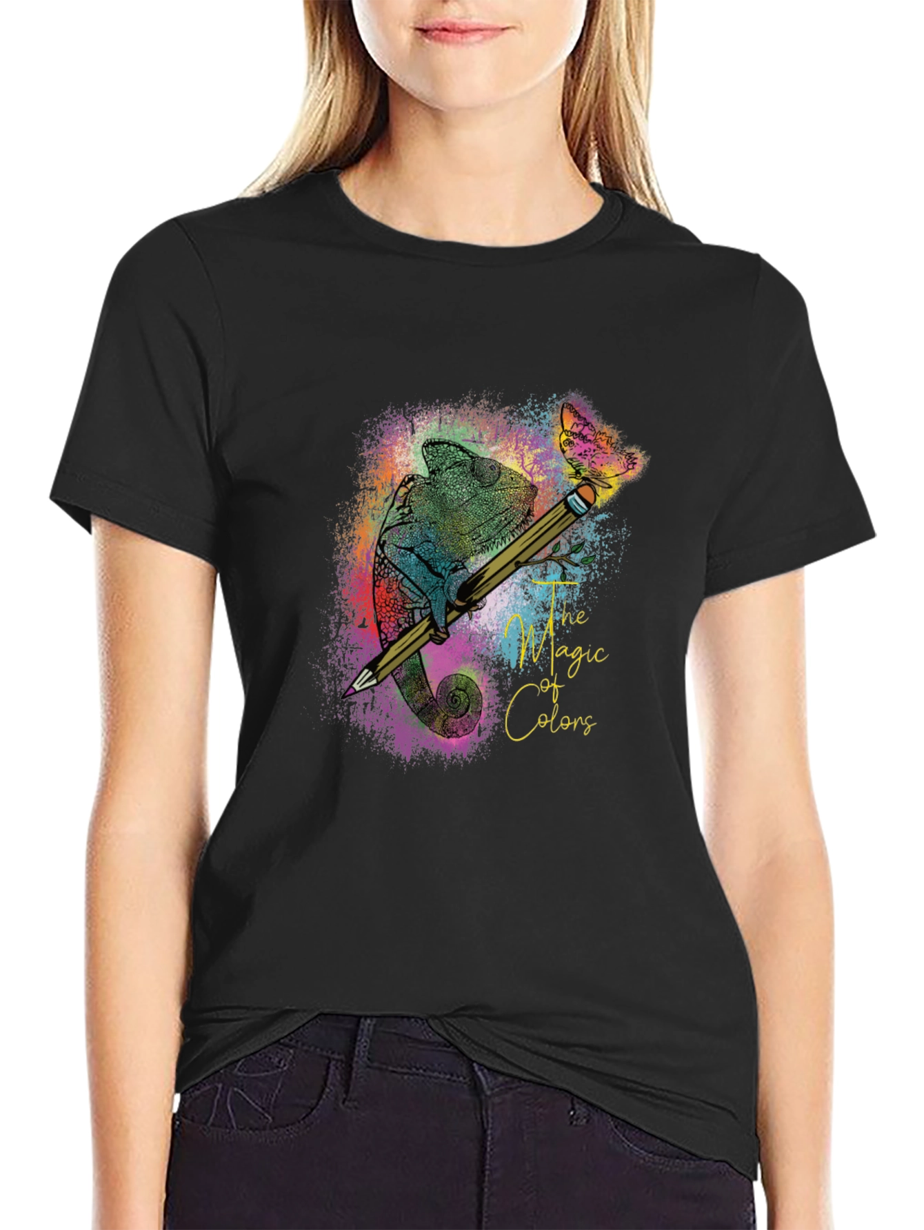 Black The Magic of Colors T-Shirt: Chameleon & Pencil Design view 2