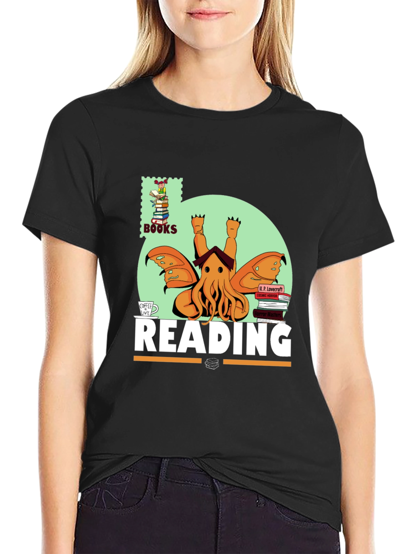 Black Lovecraft Reading T-Shirt - Cthulhu Book Lover view 2