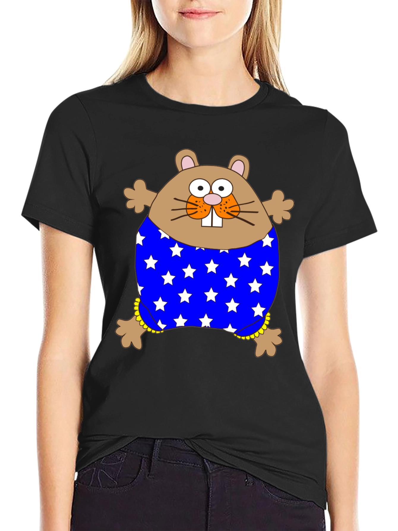 Black Funny Hamster Stars T-Shirt view 2