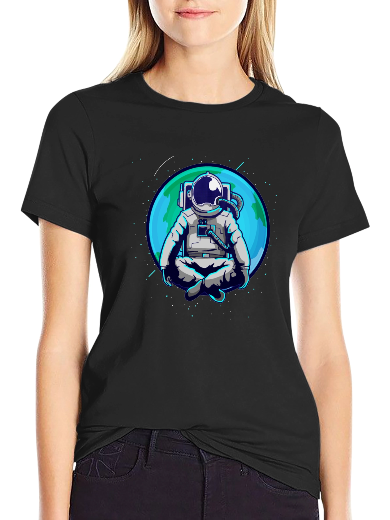 Black Meditating Astronaut T-Shirt - Space Zen Tee view 2