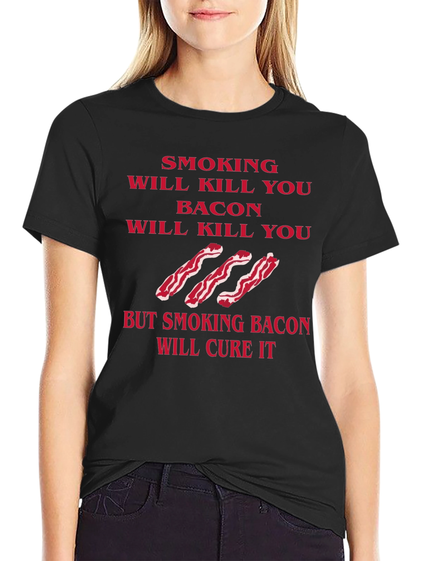 Black Funny Smoking Bacon Graphic T-Shirt view 2