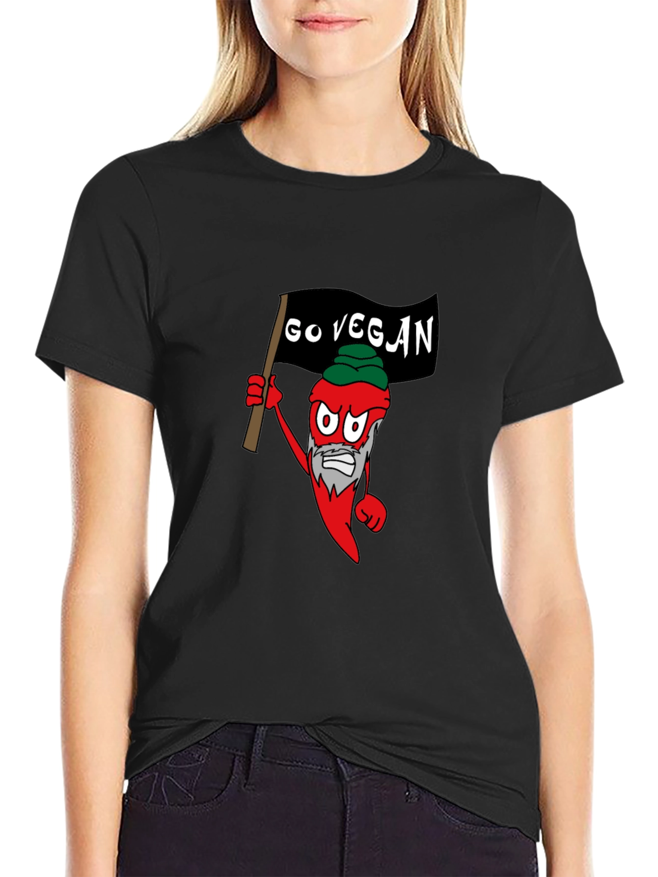 Black Go Vegan T-Shirt - Chili Pepper Cartoon Design view 2