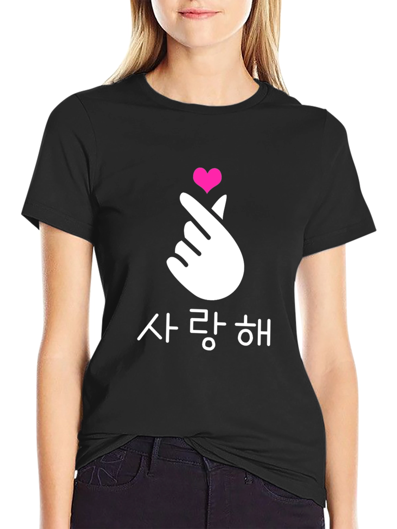 Black Finger Heart Korean Love T-Shirt view 2