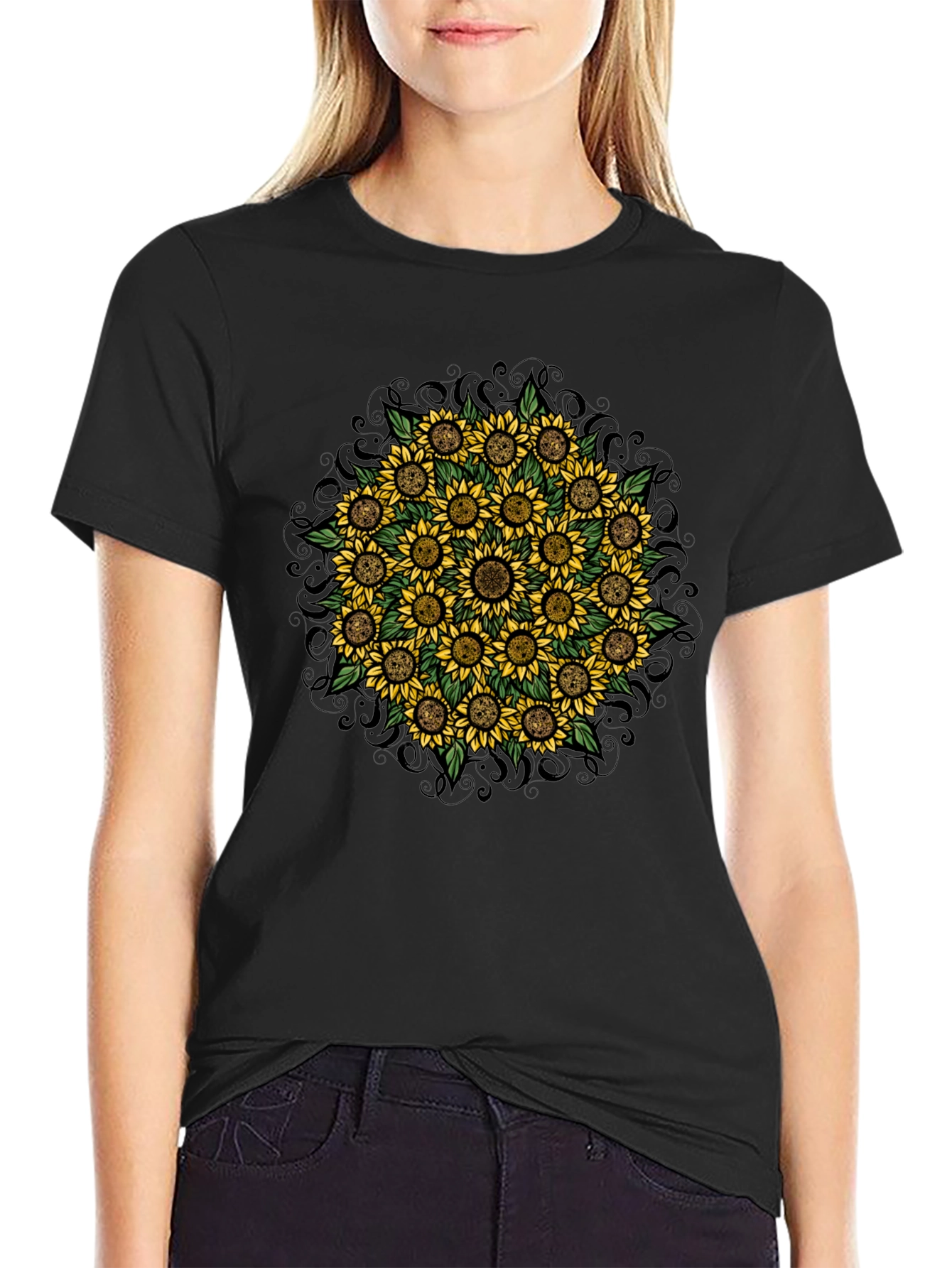 Black Sunflower Mandala Graphic T-Shirt view 2