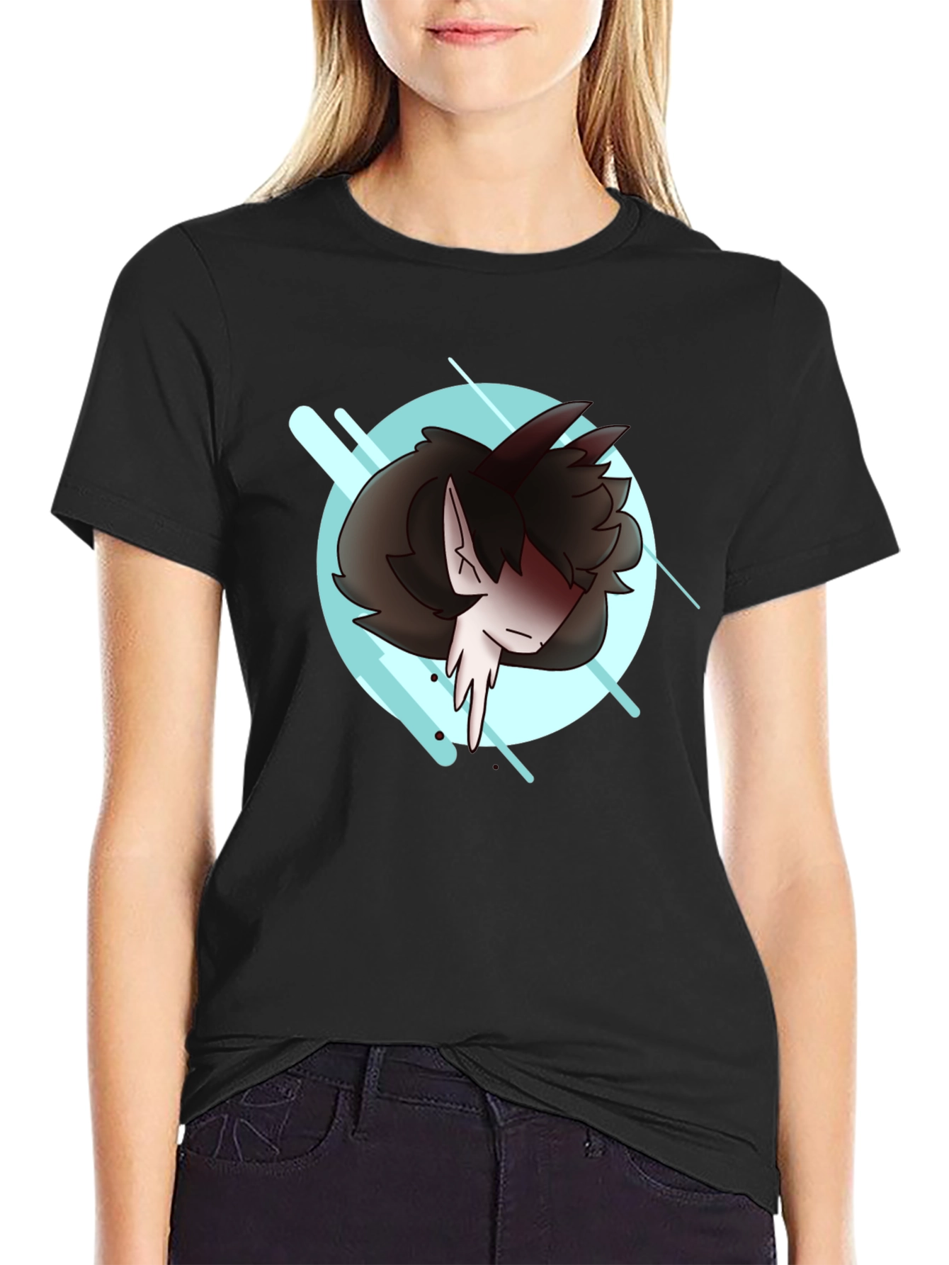 Black Anime Style Graphic Tee - Black Cotton Blend Shirt view 2