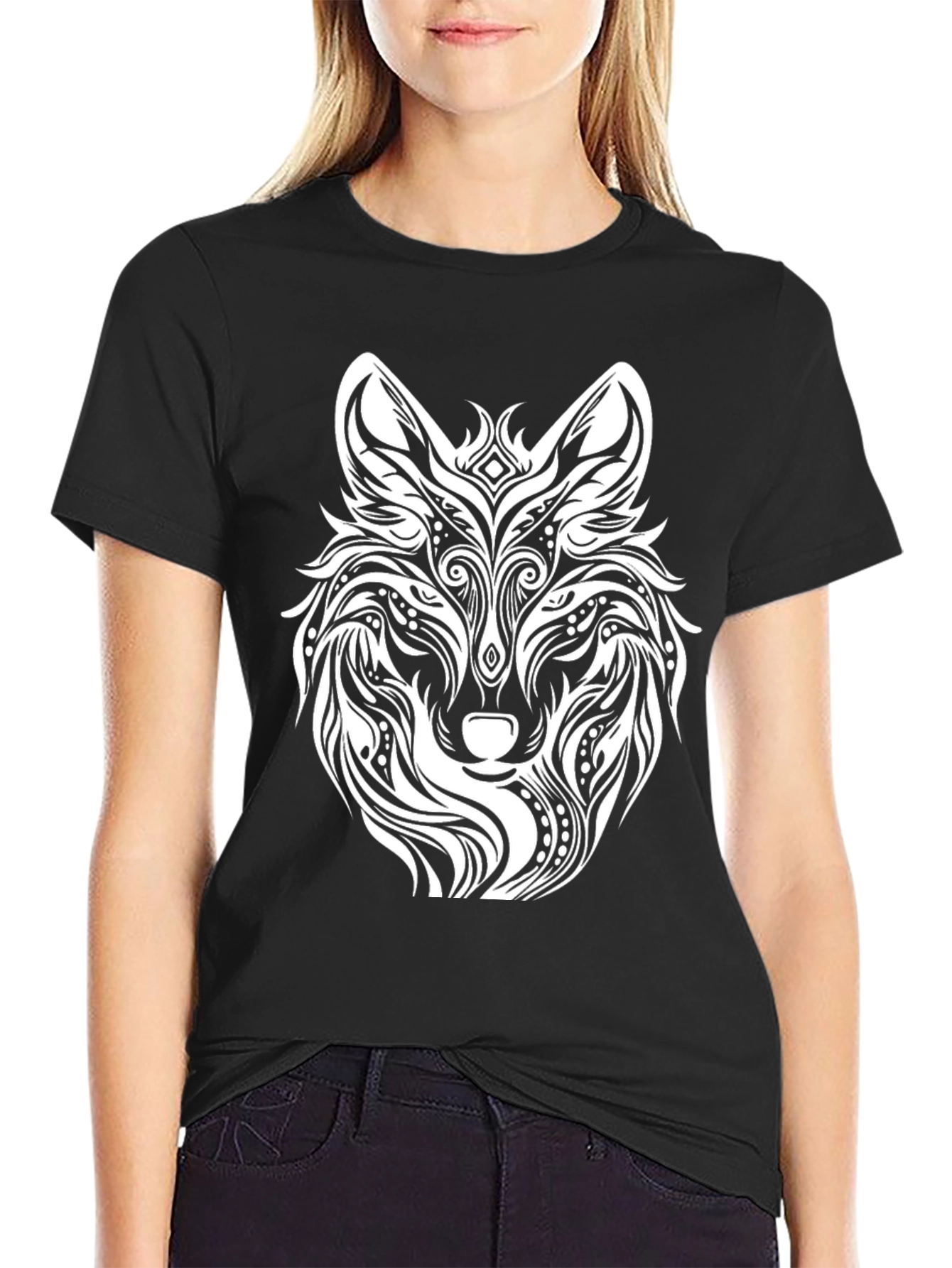 Black Wolf Graphic Print Black T-Shirt view 2