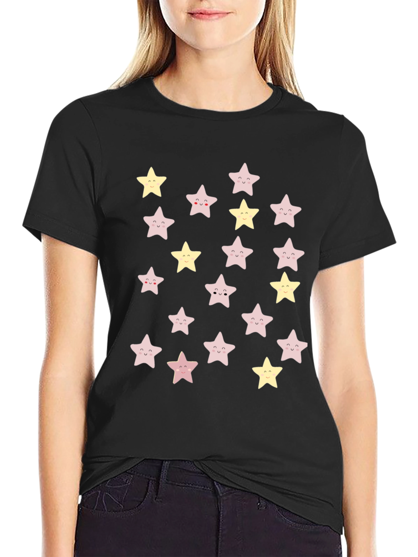Black Cute Star Pattern Black T-Shirt view 2