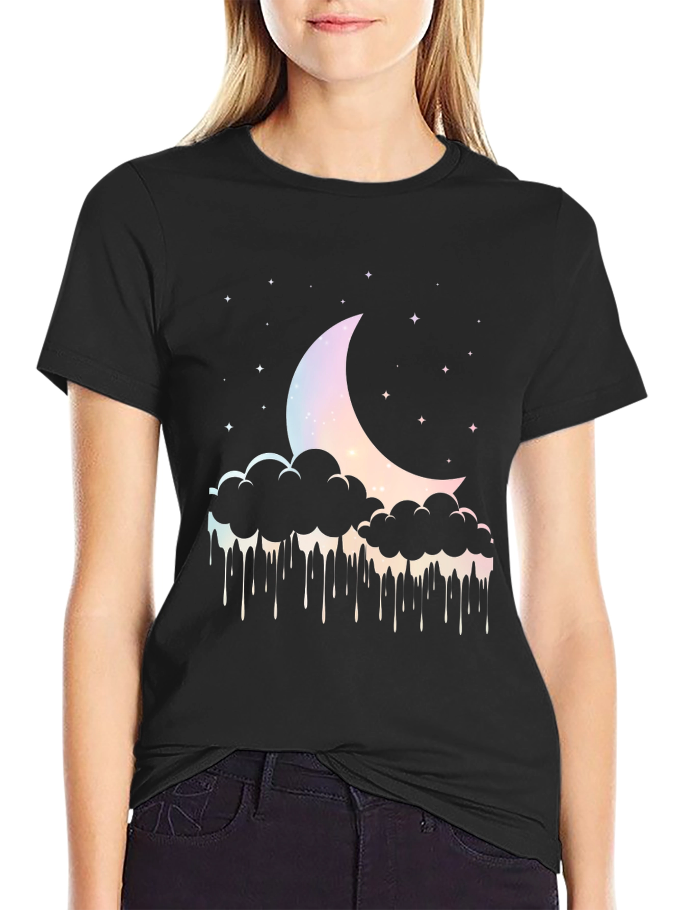 Black Dreamy Moon Cloud Graphic Tee - Black view 2