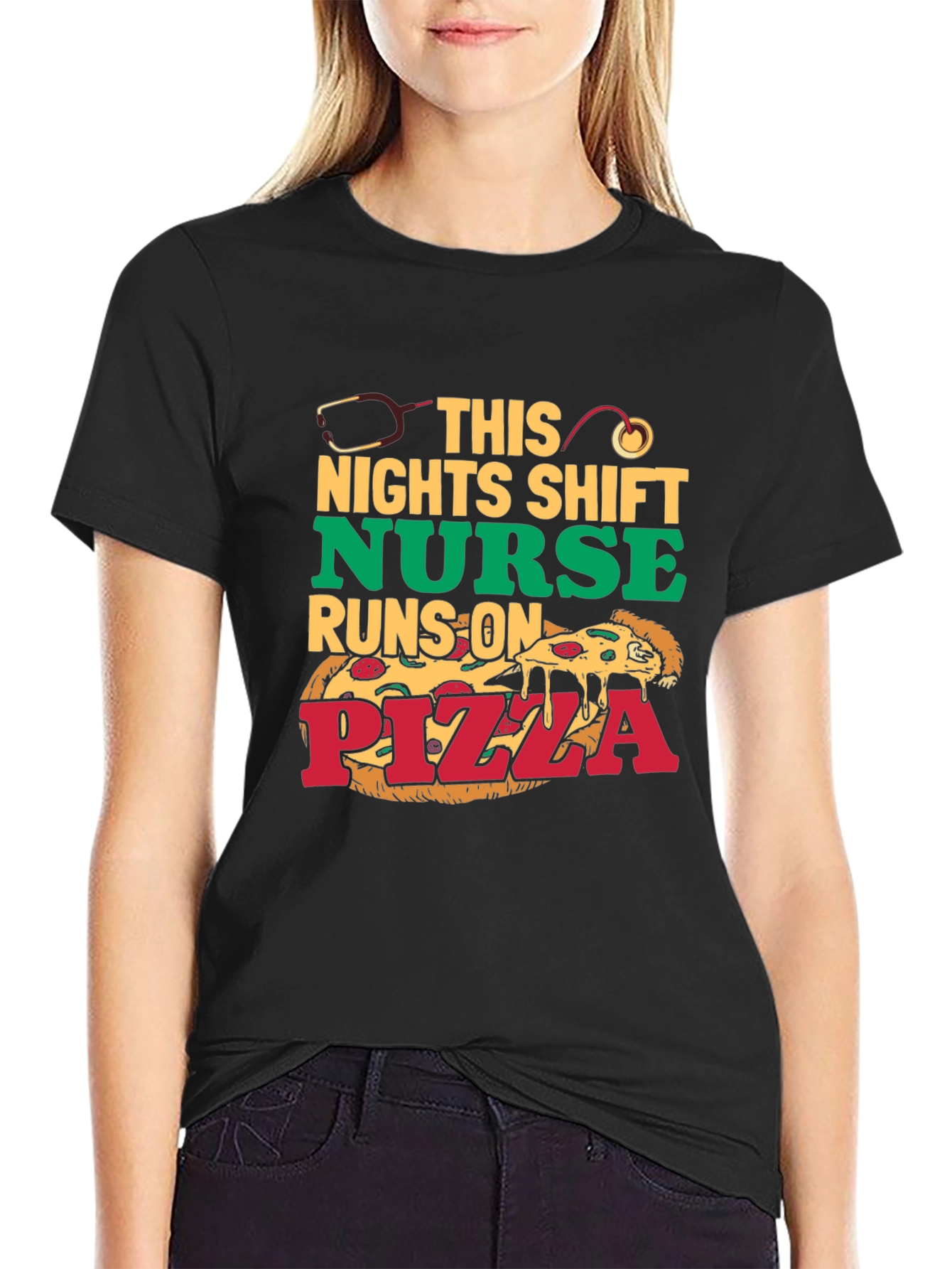 Black Nurse Pizza T-Shirt: Night Shift Humor view 2