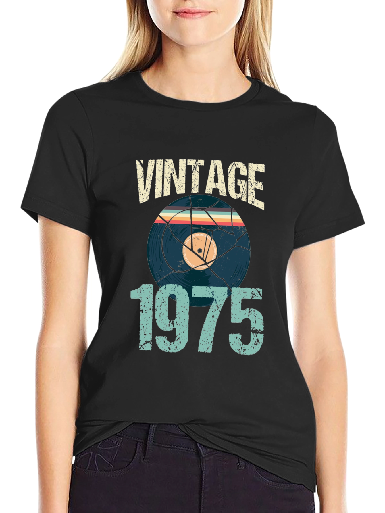 Black Vintage 1975 Record Graphic T-Shirt view 2