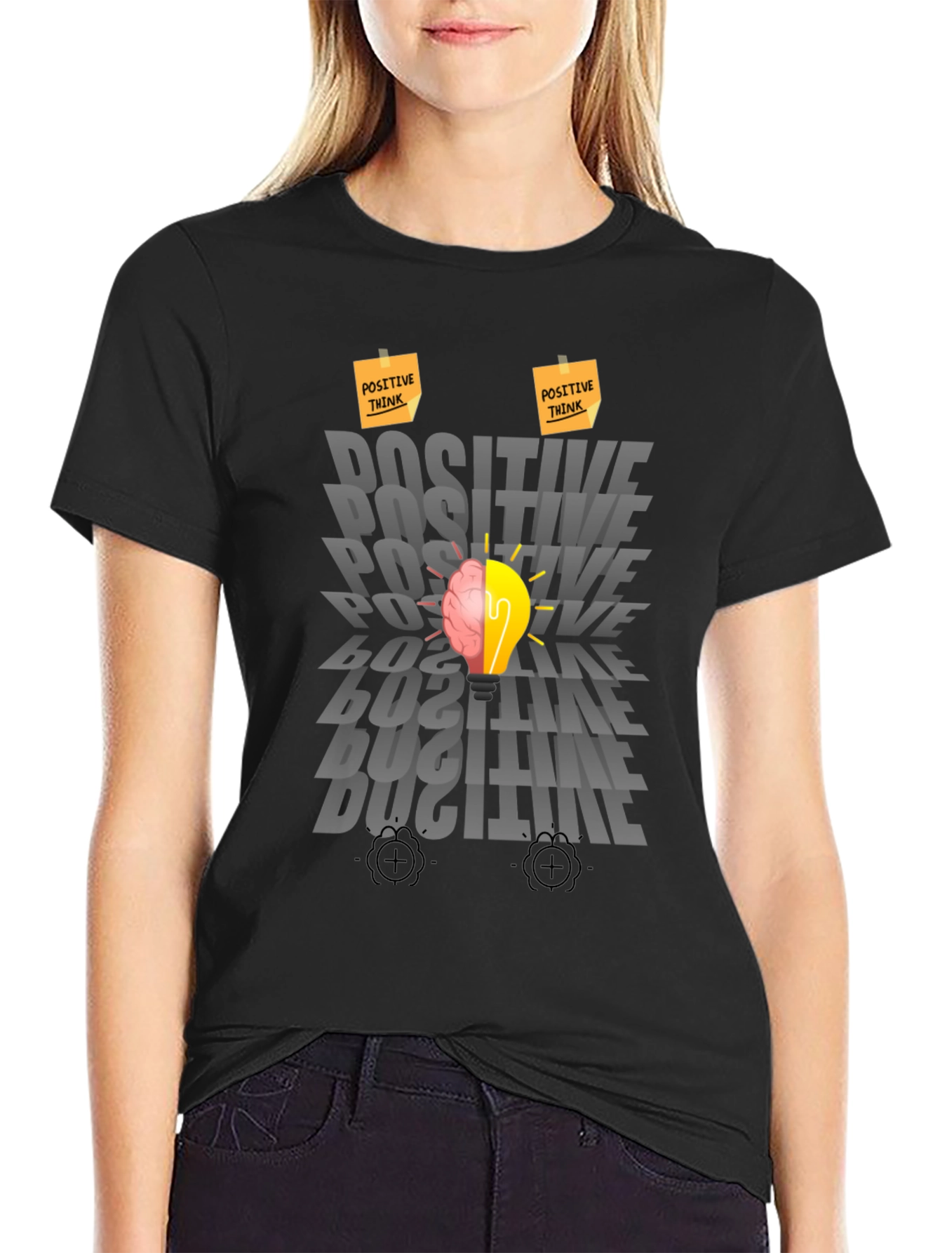 Black Positive Thinking Graphic Tee - Brain Lightbulb Design view 2