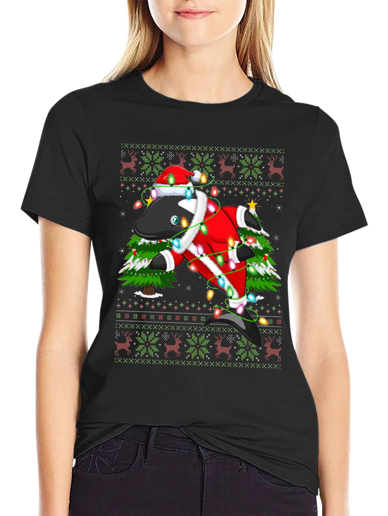 Black Festive Orca Ugly Christmas T-Shirt view 2