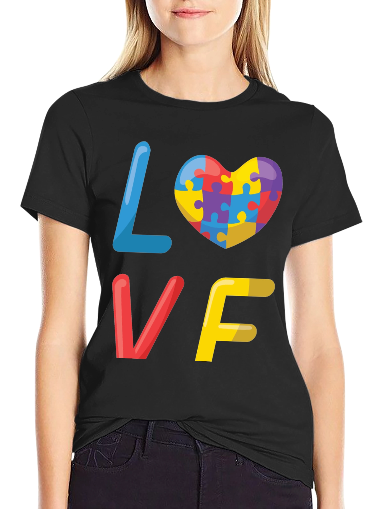 Black Autism Awareness Love Puzzle Heart Graphic Tee view 2