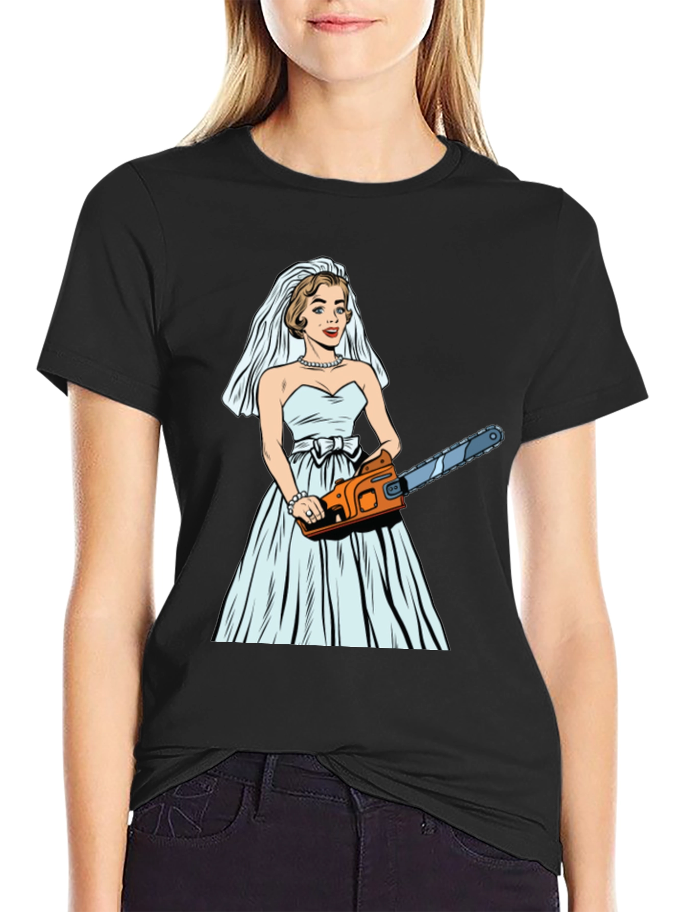 Black Bride with Chainsaw Graphic T-Shirt view 2