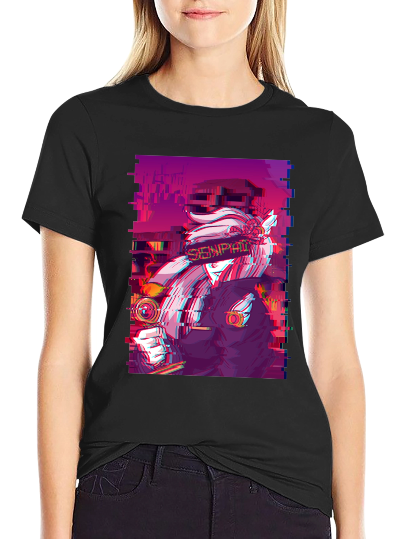Black Anime Glitch Aesthetic Graphic Tee - Black view 2
