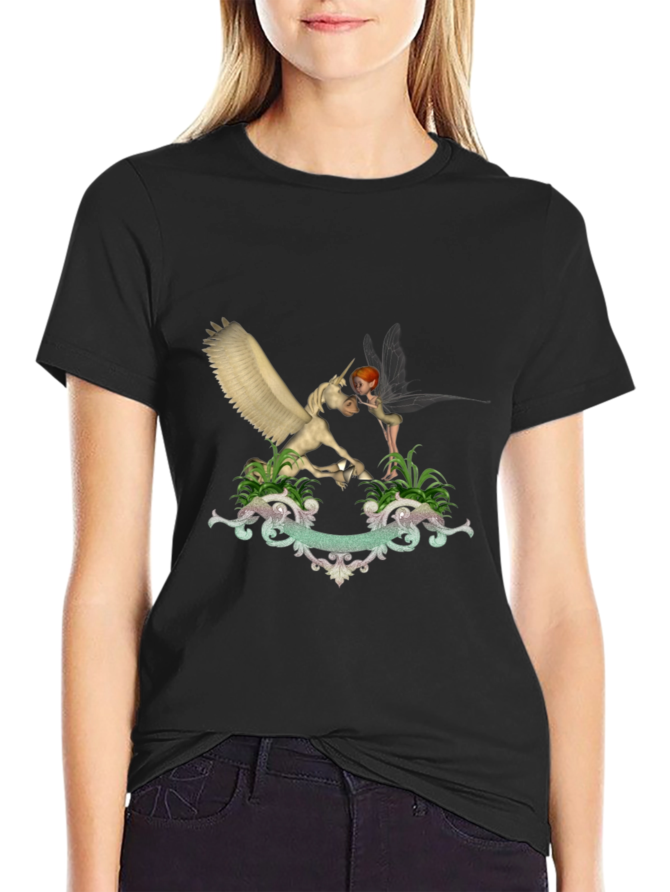 Black Unicorn & Fairy Graphic T-Shirt - Black view 2