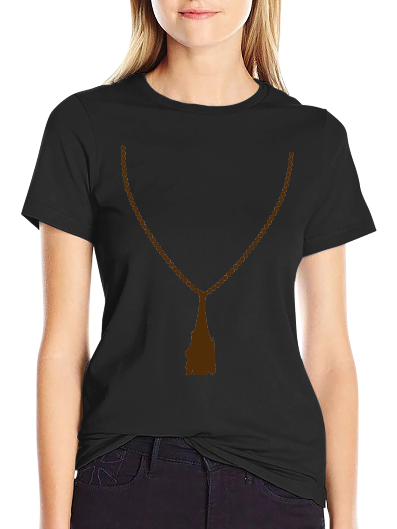 Black Men's Black T-Shirt with Rosary Beads Print view 2