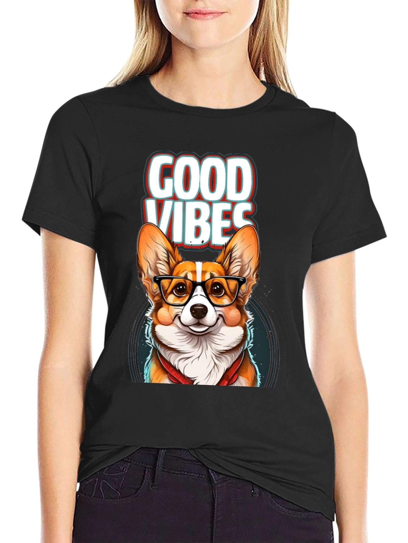 Black Good Vibes Corgi T-Shirt view 2