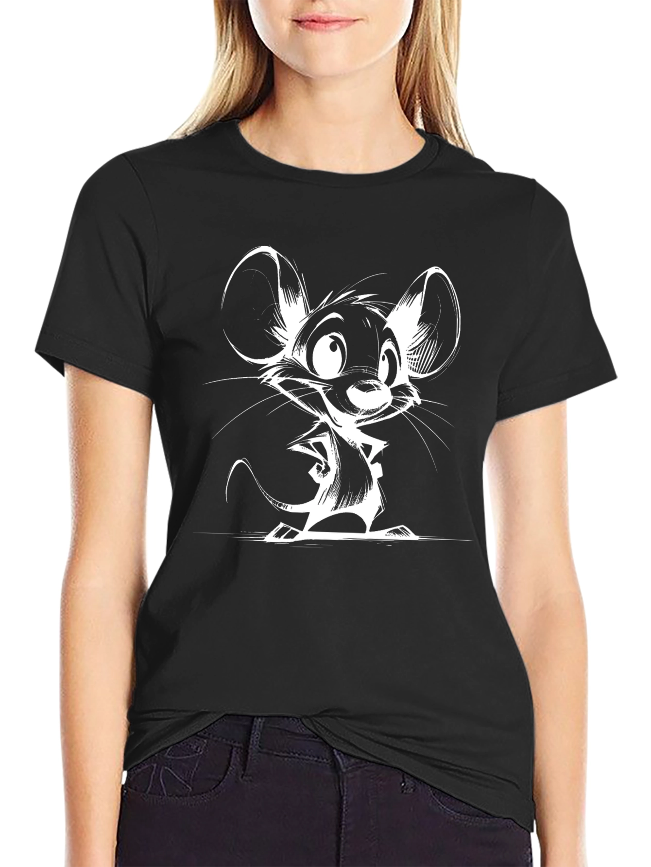 Black Cartoon Mouse Graphic Tee - Black Cotton T-Shirt view 2