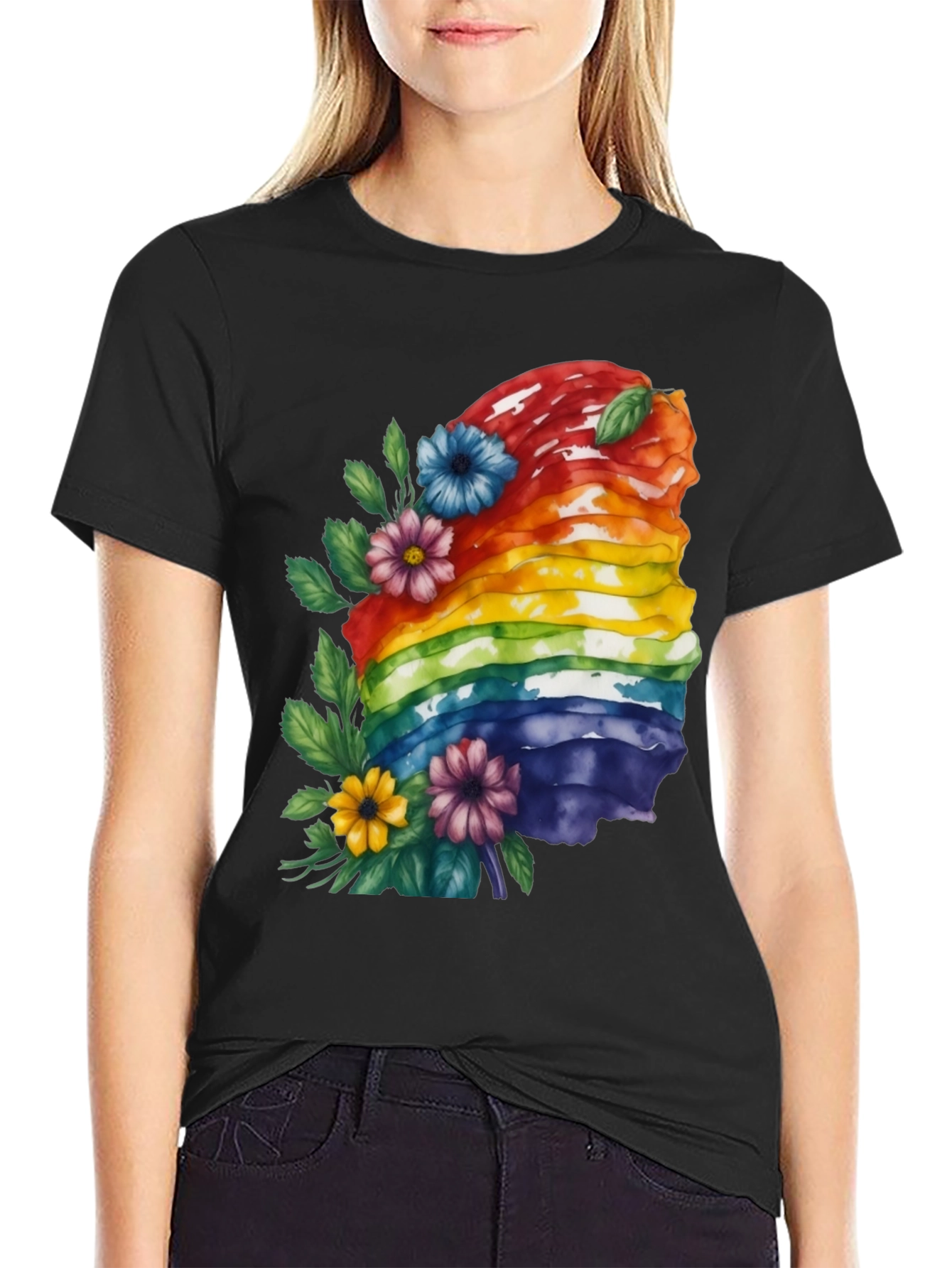 Black Rainbow Layered Cake Floral T-Shirt view 2