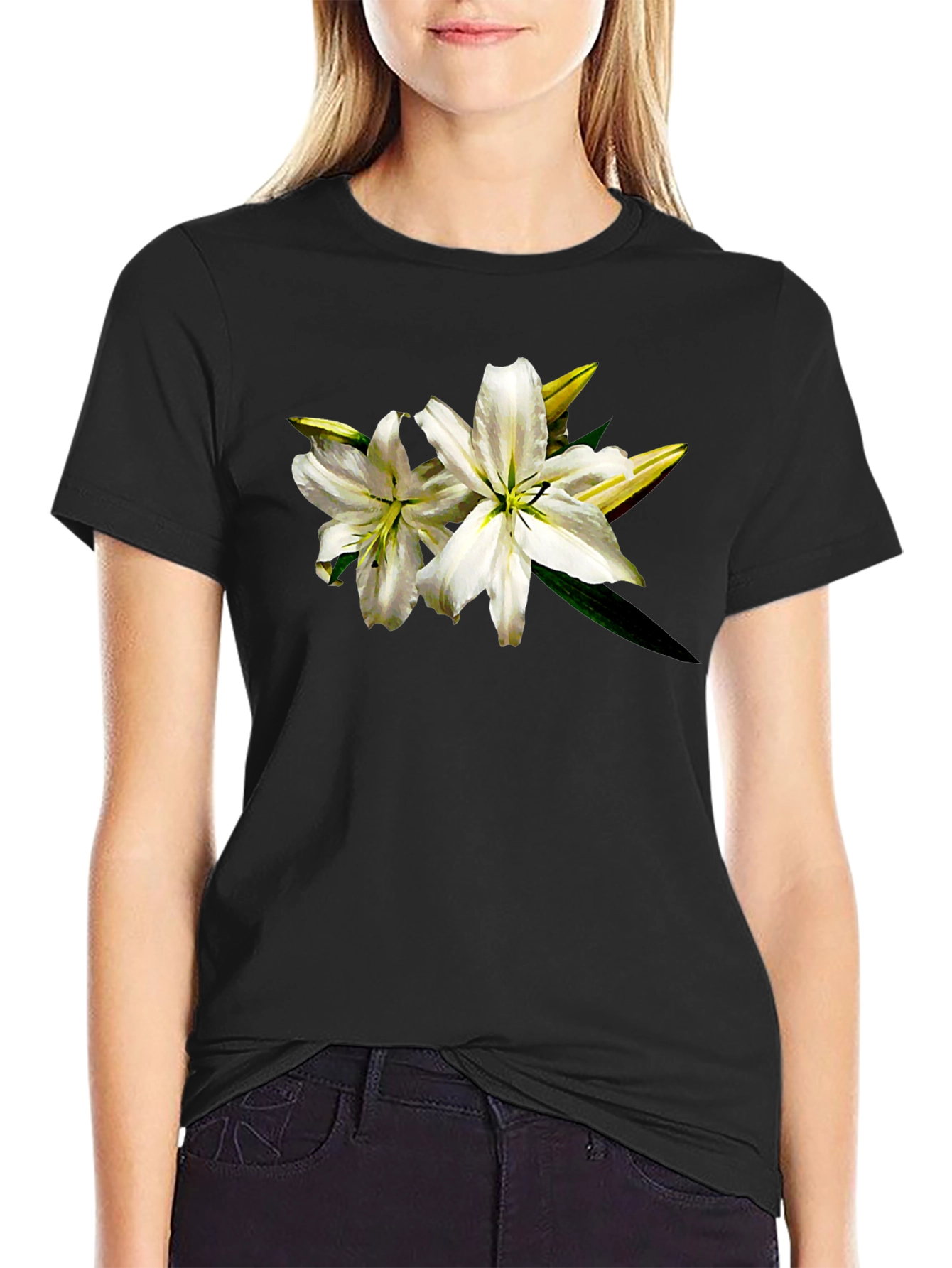 Black White Lily Graphic Tee - Black Cotton T-Shirt view 2