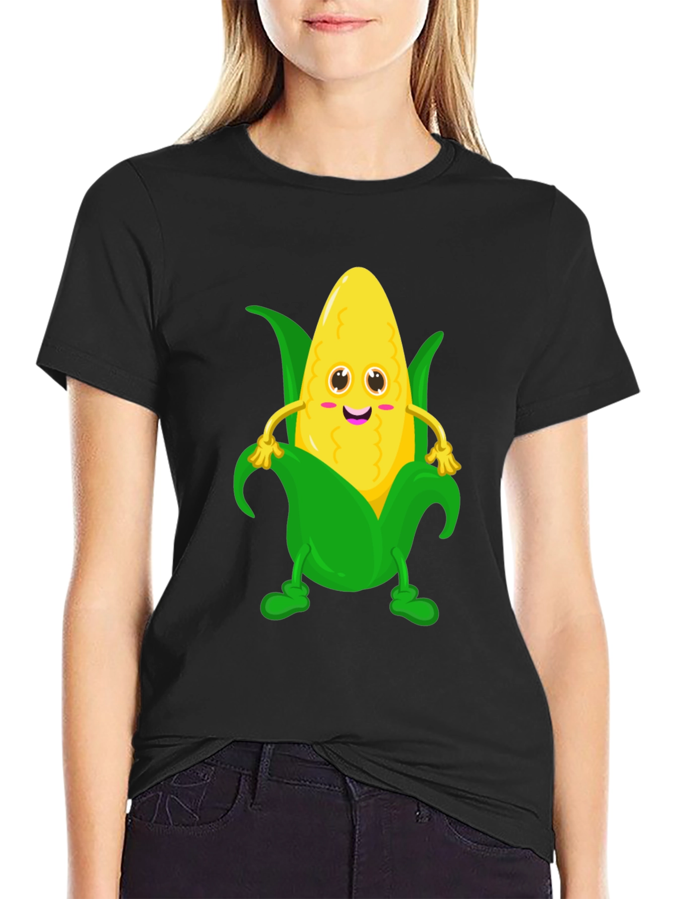 Black Funny Corn Cartoon Graphic Tee - Black Cotton T-Shirt view 2