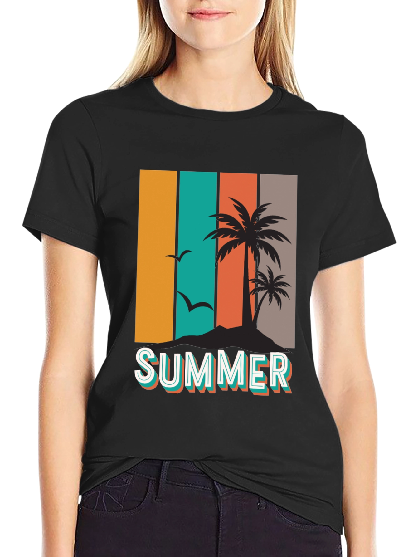 Black Retro Summer Palm Tree Graphic T-Shirt view 2