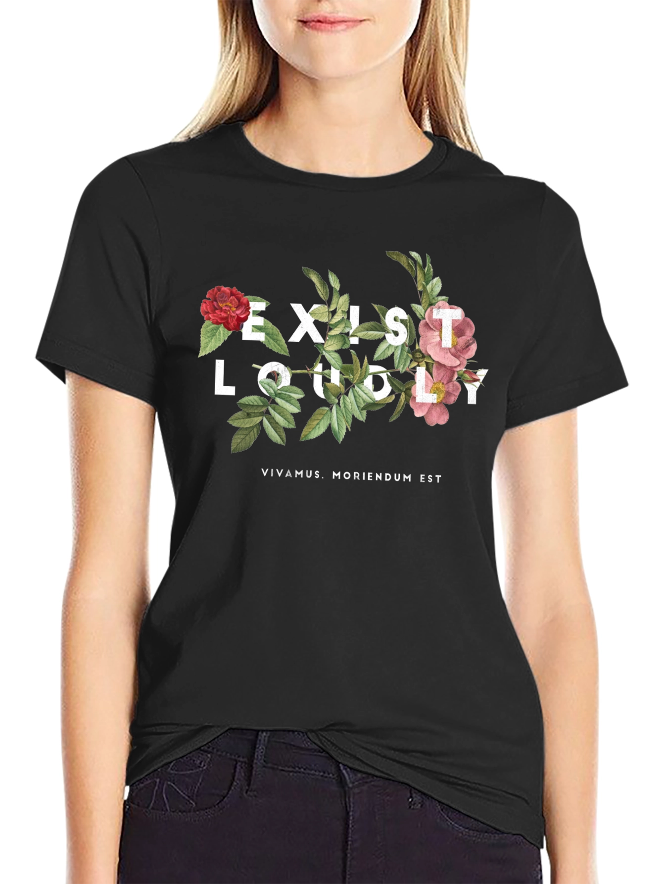 Black Exist Loudly Floral Print Black T-Shirt view 2