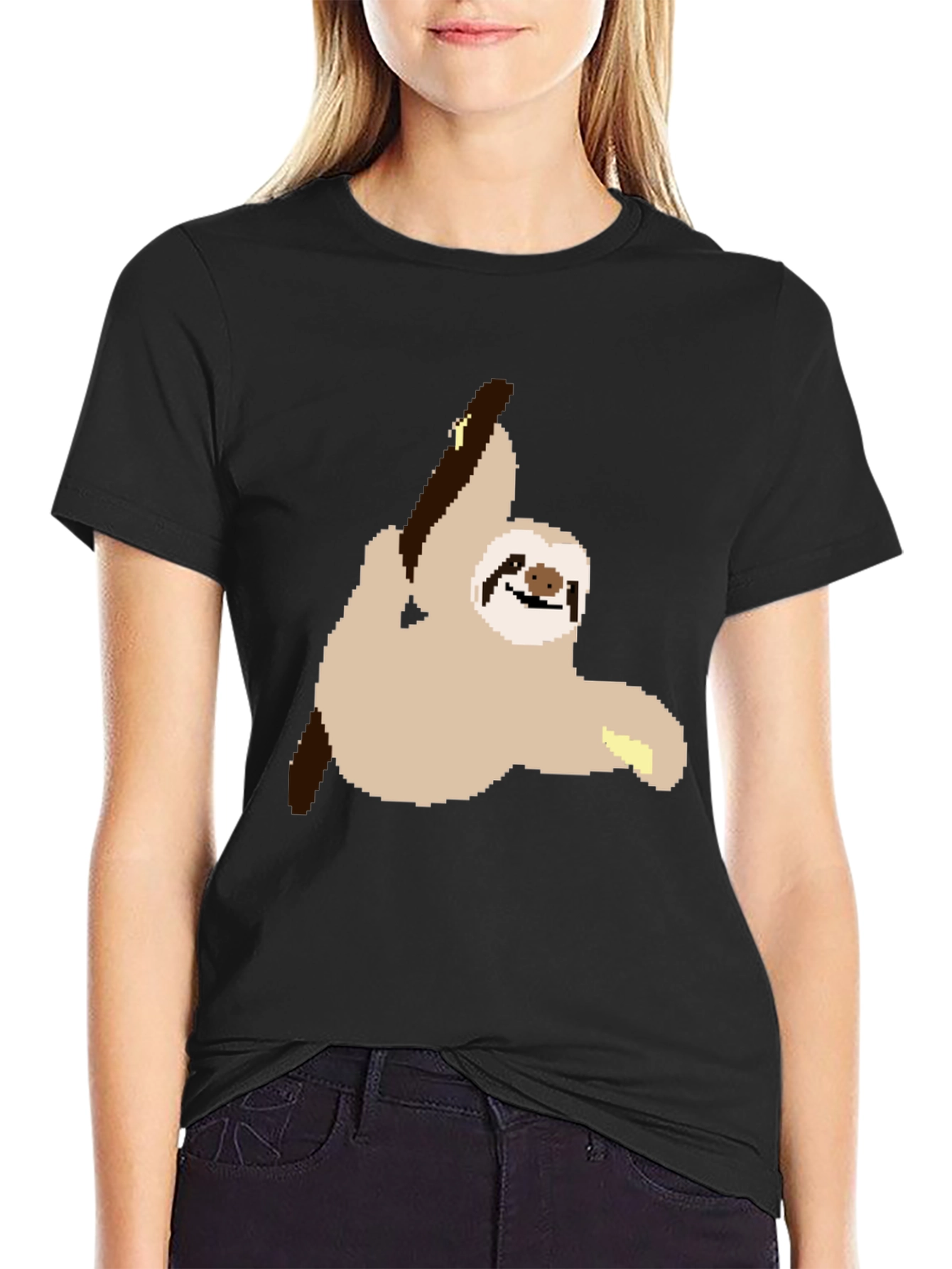 Black Pixel Sloth on Black T-Shirt view 2
