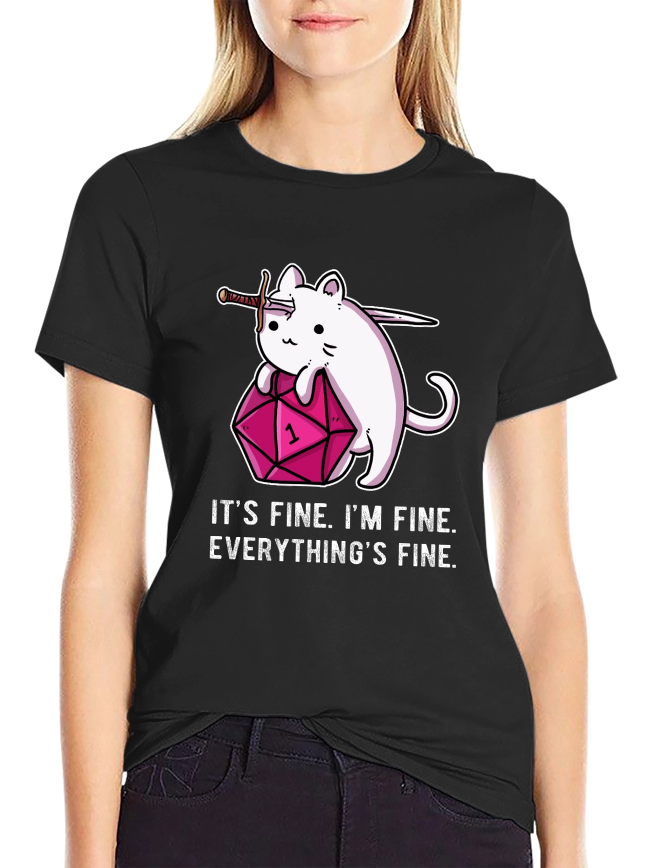 Black It's Fine Cat D&D T-Shirt view 2