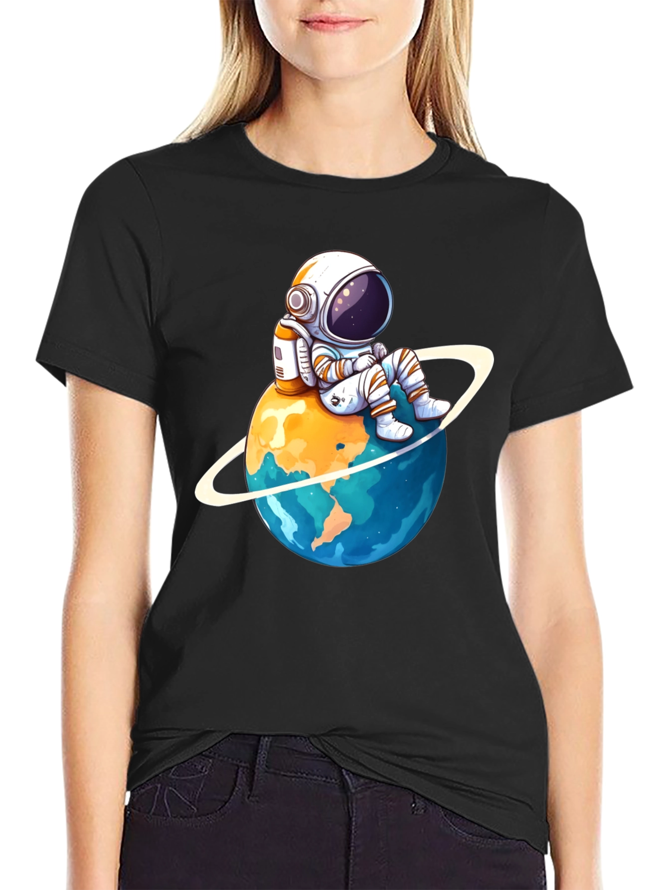 Black Astronaut on Planet T-Shirt - Black Cotton Graphic Tee view 2