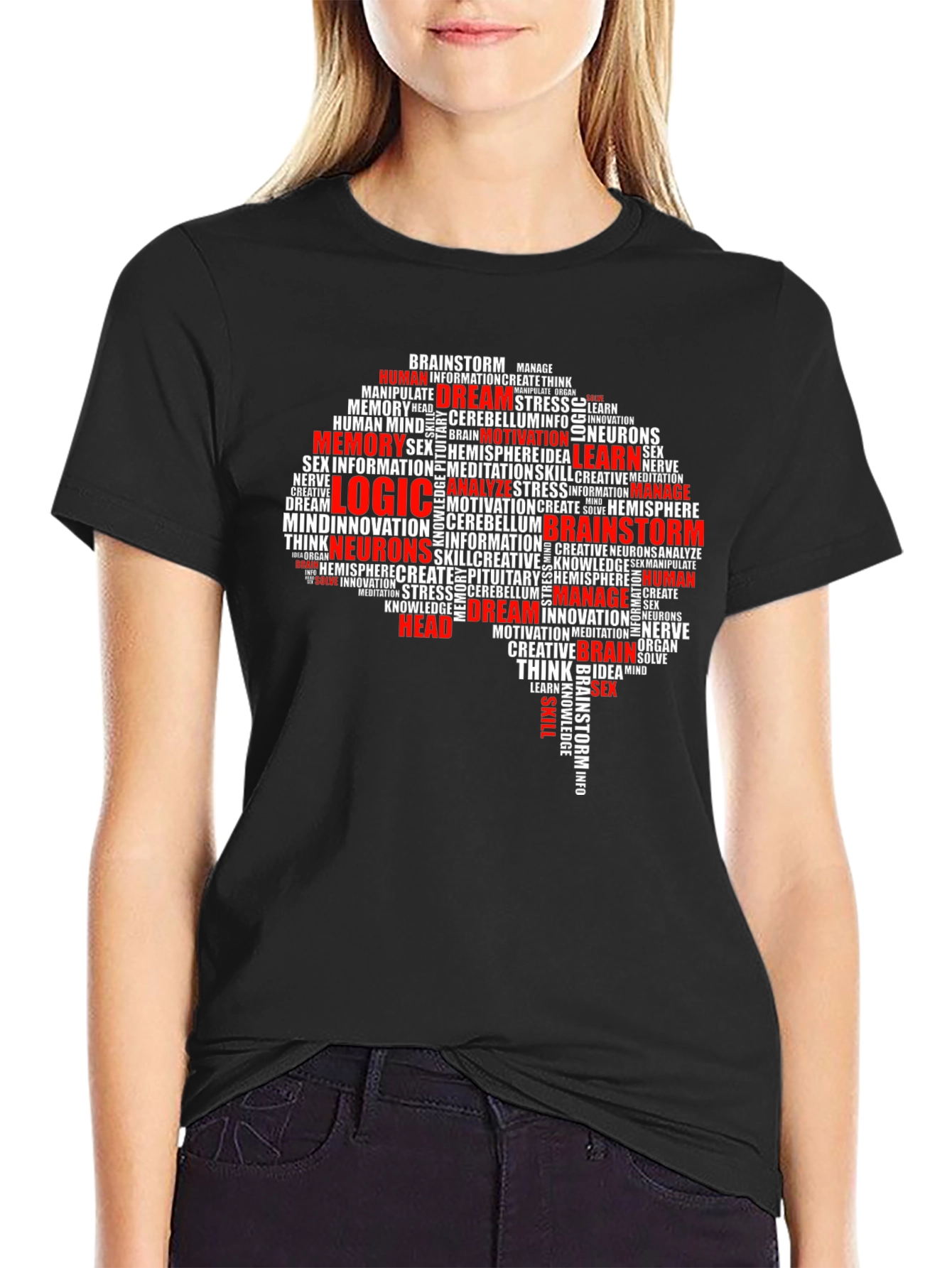 Black Brain Word Art Black T-Shirt - Logic, Memory, Brainstorm view 2
