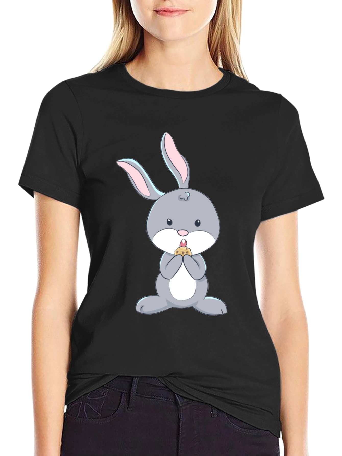 Black Cute Bunny Eating T-Shirt - Black Cotton Tee view 2