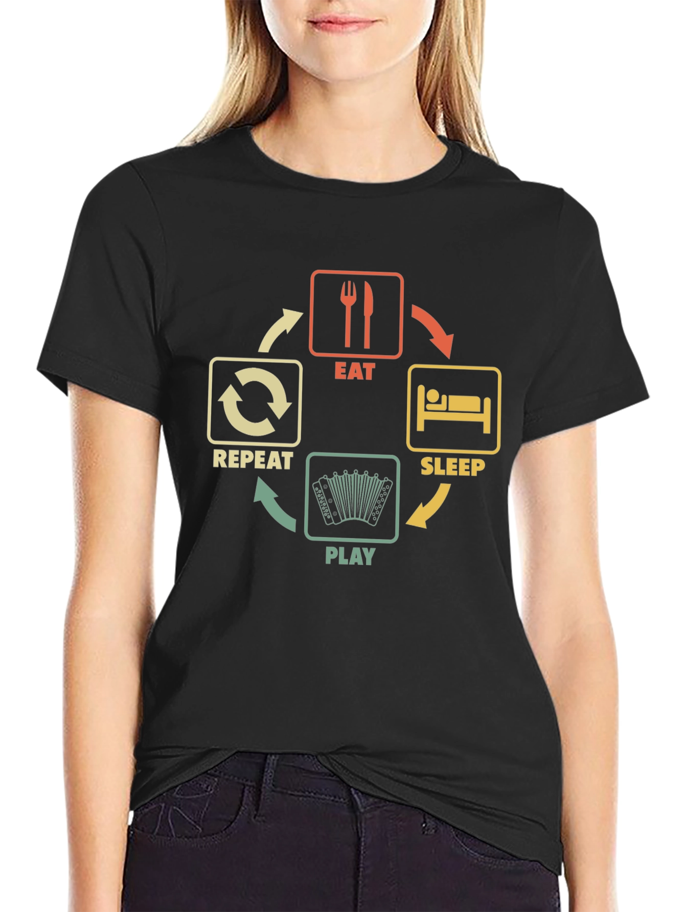 Black Eat Sleep Play Accordion Black T-Shirt view 2
