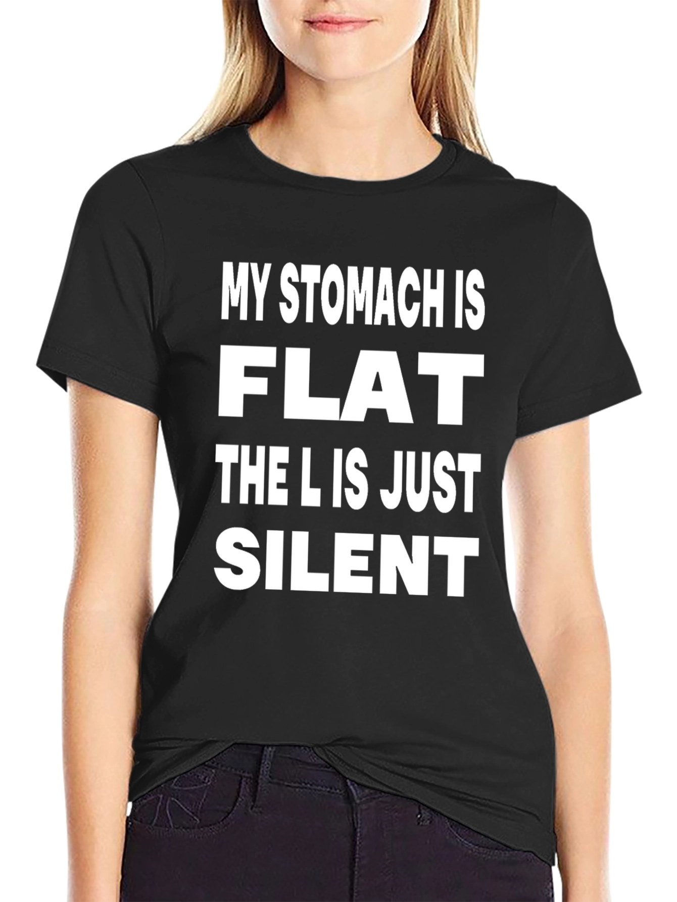 Black Funny Graphic Tee - My Stomach Is Flat T-Shirt view 2