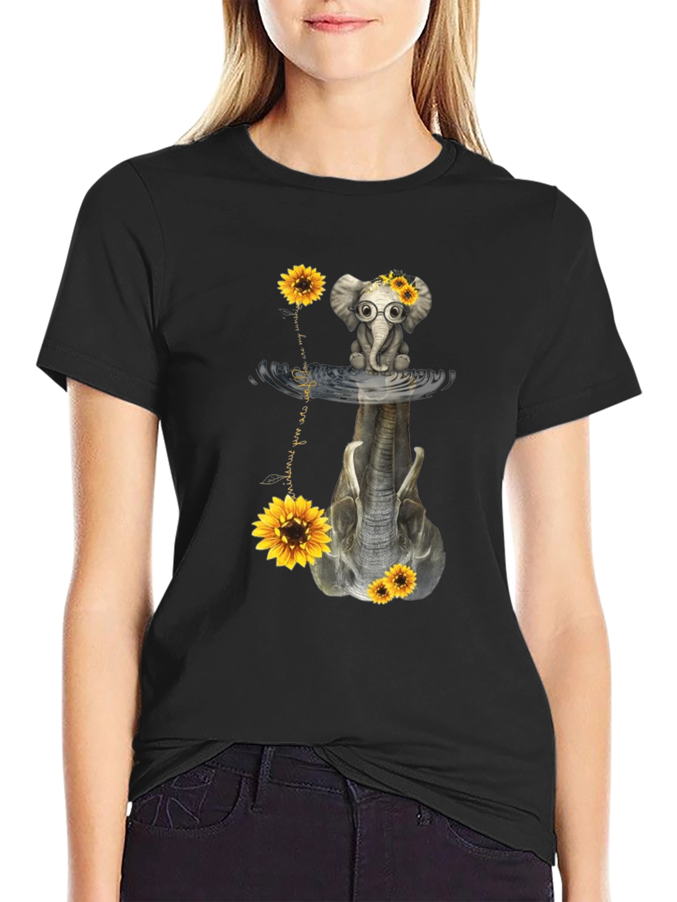 Black Elephant Sunflower Reflection Graphic Tee view 2